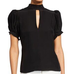 Frame Keyhole Neck Pleated Silk Party Top Black Size S